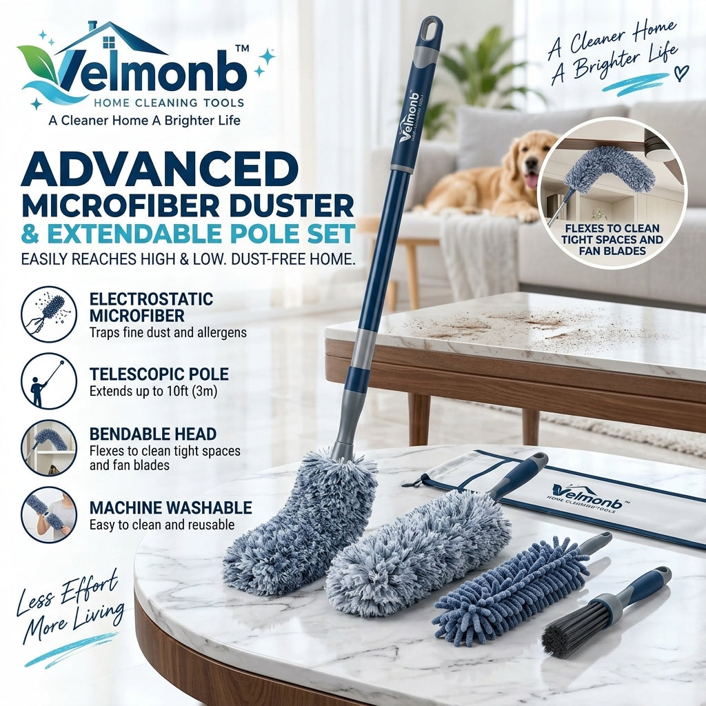 Vareliobd™ Advanced Microfiber Duster & Extendable Pole Set – Bendable High-Reach Dusting Kit with Washable Cleaning Heads