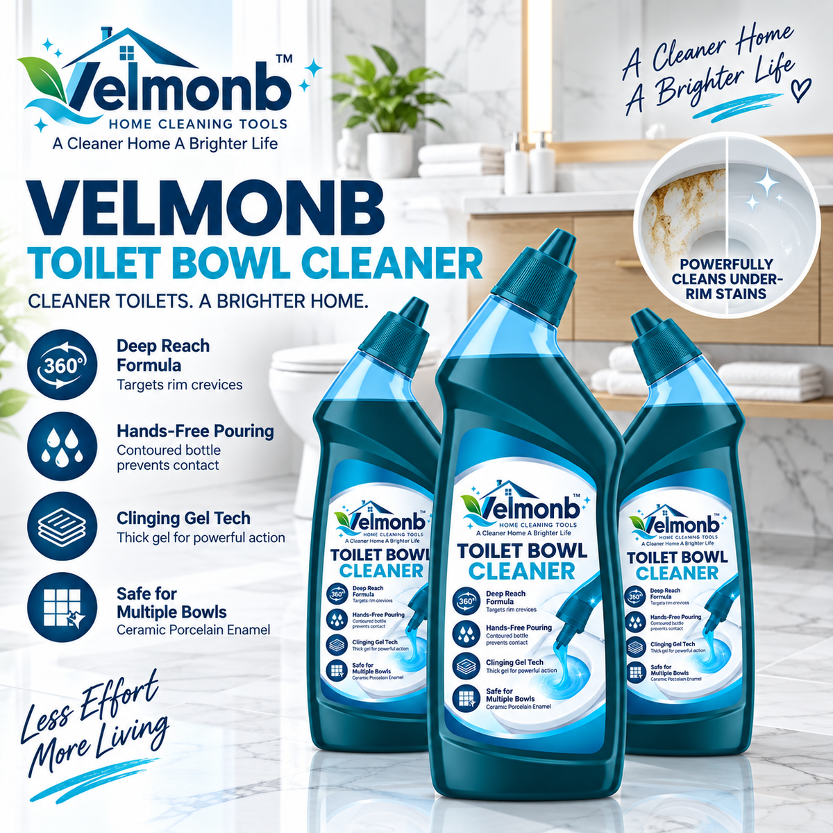 Vareliobd™ Deep-Reach Toilet Bowl Cleaner – Clinging Gel Formula with Angled Under-Rim Nozzle