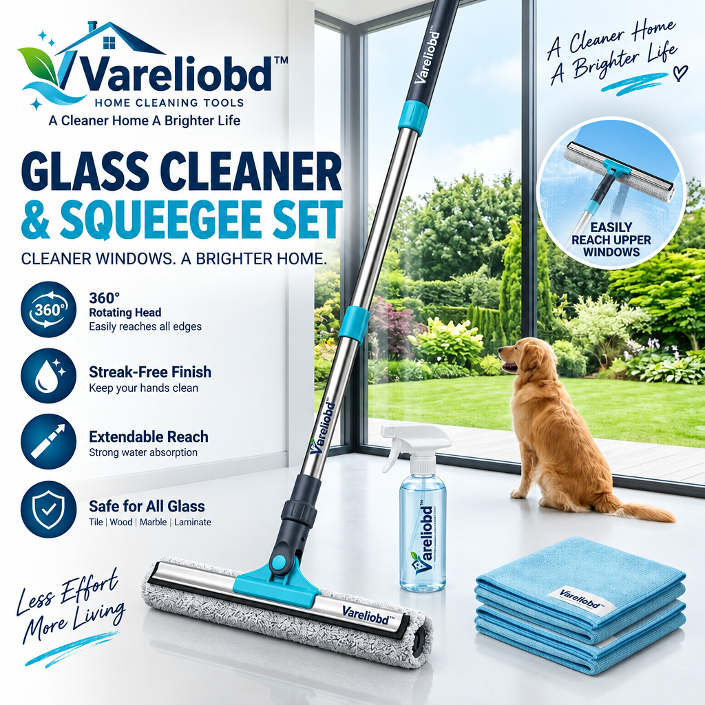 Vareliobd™Extendable Glass Cleaner & Squeegee Set – 360° Rotating Window Cleaning Tool with Microfiber Pad