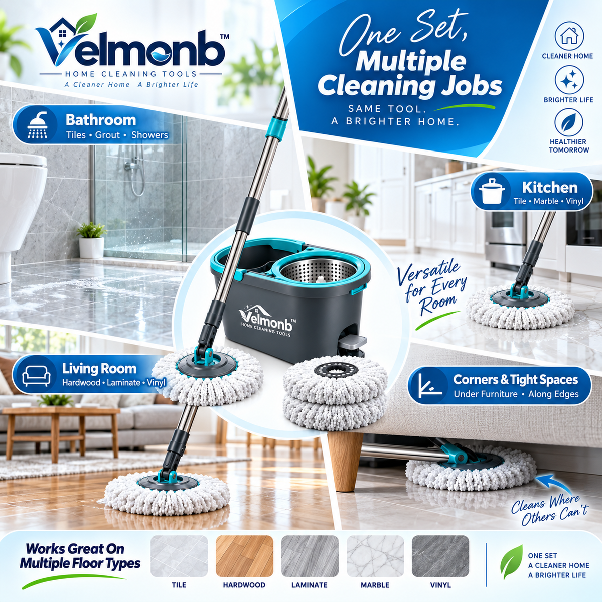 Vareliobd™ 360° Spin Mop & Bucket Set – Hands-Free Self-Wringing Floor Cleaning System with Microfiber Mop Pads