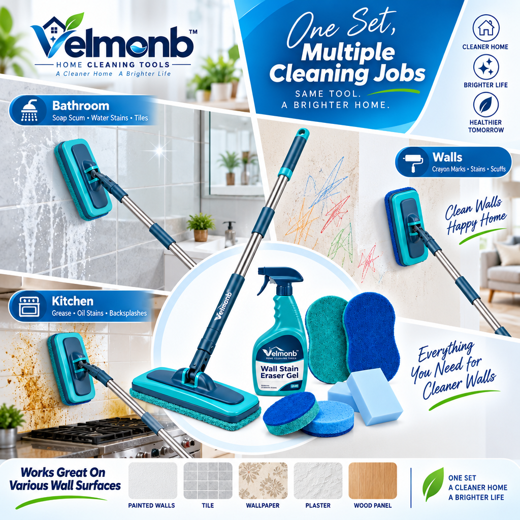 Vareliobd™ Wall Stain & Dirt Removal Set – Extendable Wall Scrubber with Stain Eraser Gel & Reusable Cleaning Pads