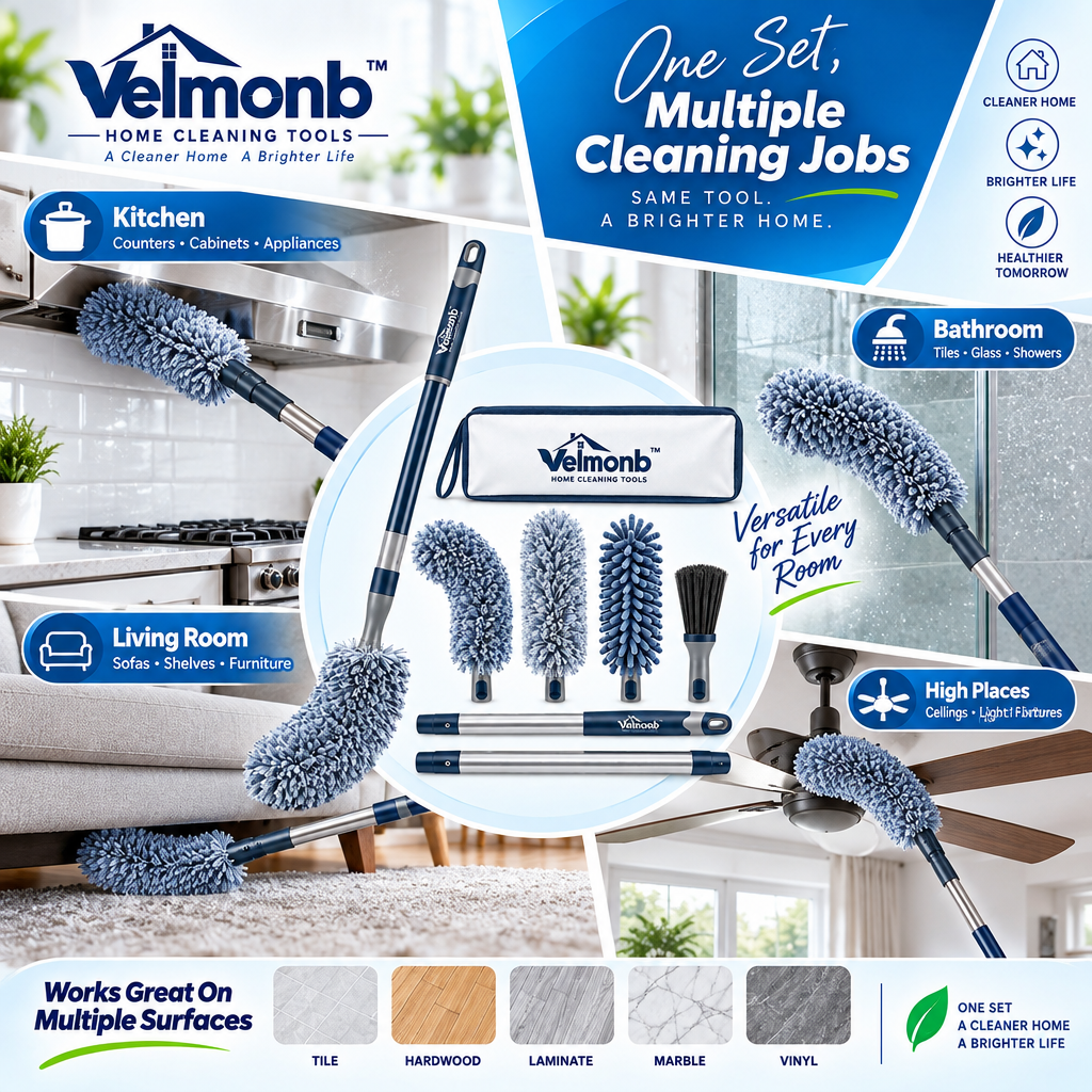 Vareliobd™ Advanced Microfiber Duster & Extendable Pole Set – Bendable High-Reach Dusting Kit with Washable Cleaning Heads