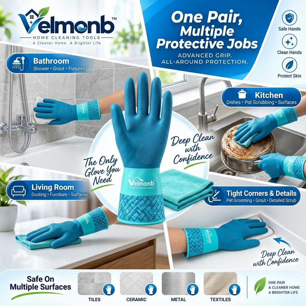 Vareliobd™ Household Cleaning Gloves – Latex-Free Reusable Gloves with Non-Slip Grip & Extended Cuffs