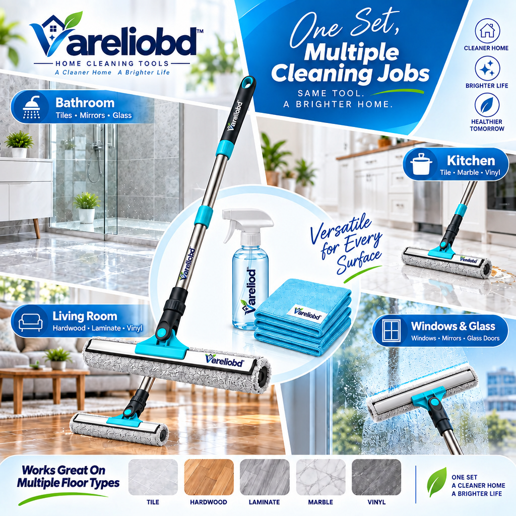 Vareliobd™Extendable Glass Cleaner & Squeegee Set – 360° Rotating Window Cleaning Tool with Microfiber Pad