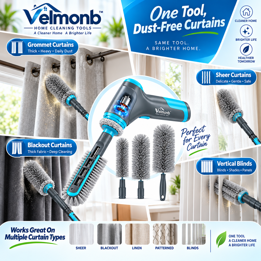 Vareliobd™ Electric Duster for Blinds & Furniture – Motorized Rotating Dust Cleaner with Interchangeable Brush Heads