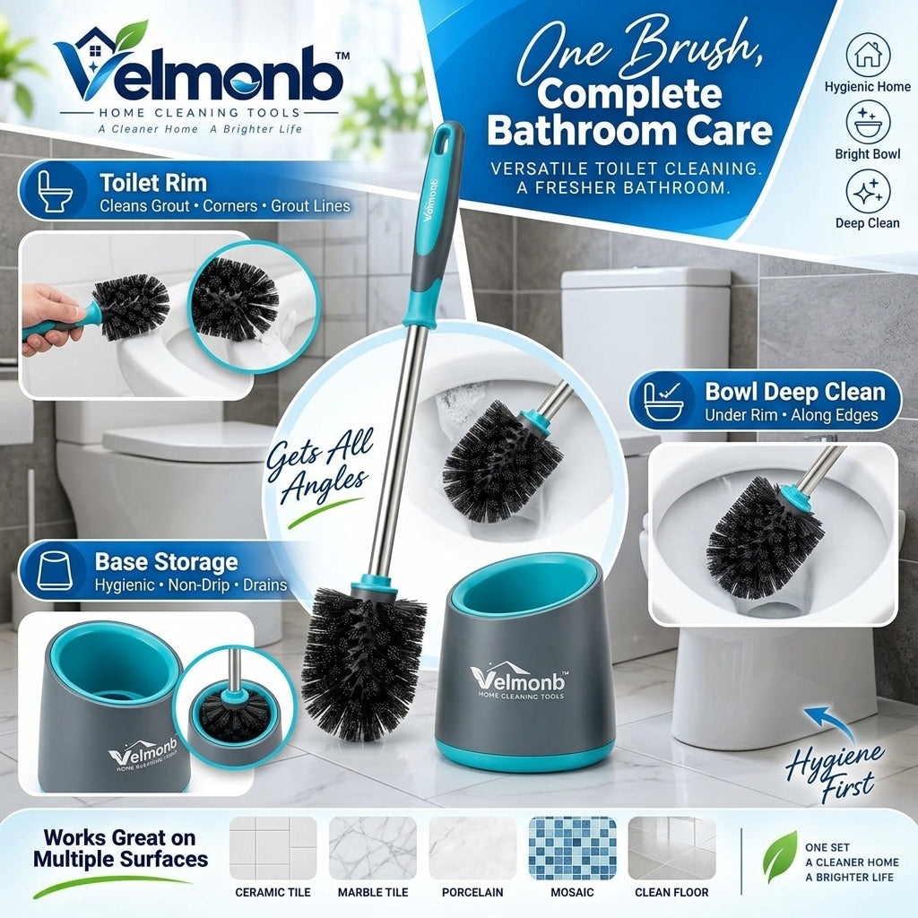 Vareliobd™ Toilet Brush & Ventilated Holder Set – 360° Deep-Clean Bristles with Splash-Guard Handle & Replaceable Brush Head