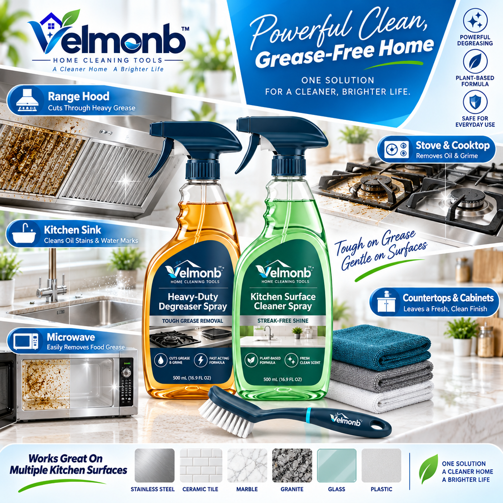 Vareliobd™ Kitchen Degreasing & Cleaning Set – Heavy-Duty Degreaser, Surface Cleaner, Microfiber Towels & Scrub Brush