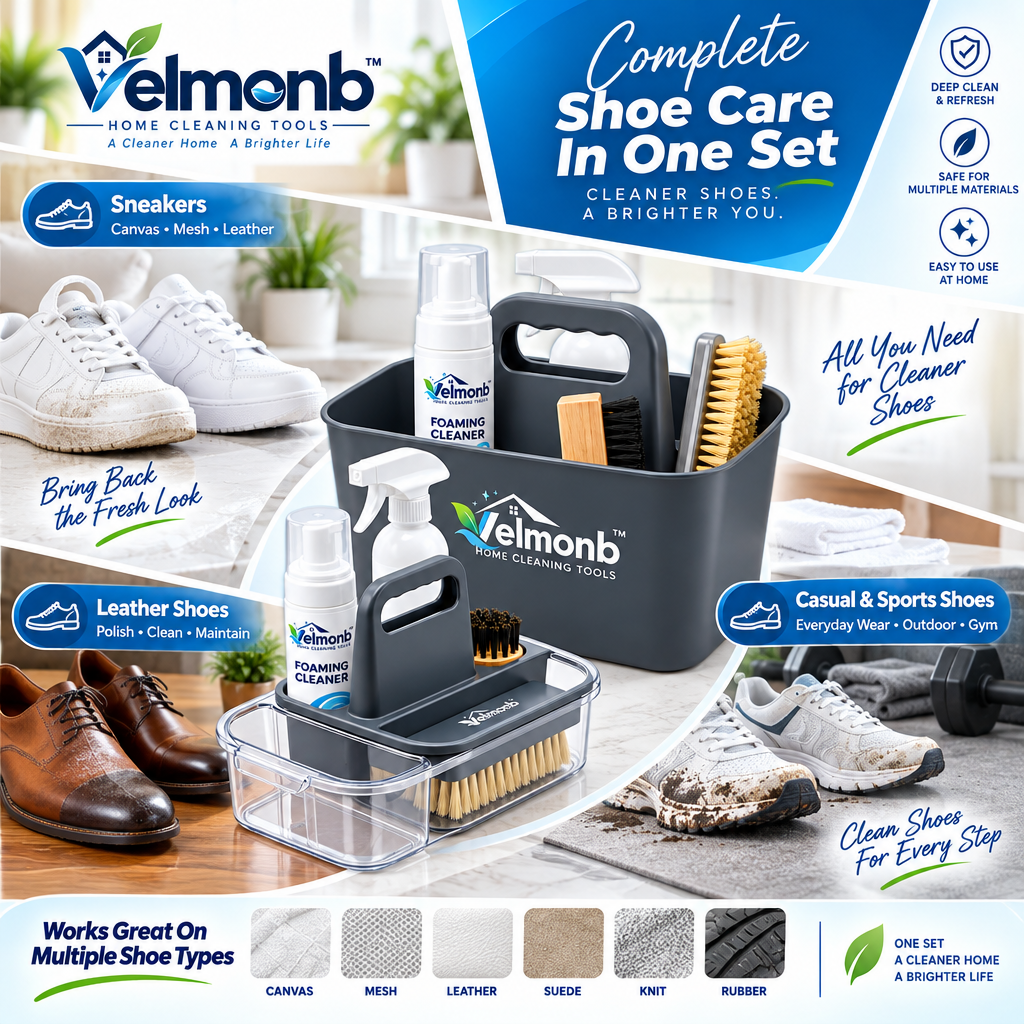 Vareliobd™ Shoe & Sneaker Care Kit – Foaming Cleaner, Multi-Function Brushes & Organized Cleaning Caddy