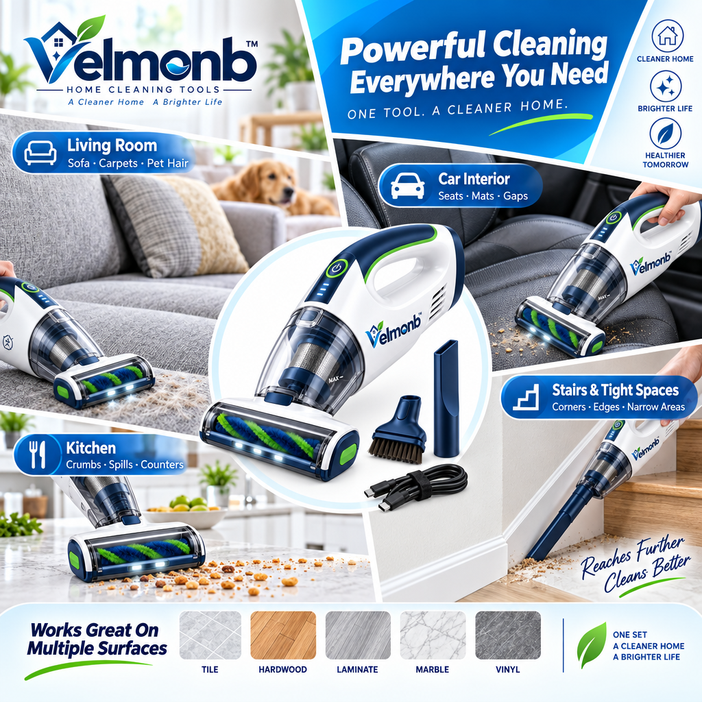 Vareliobd™ Cordless Upholstery & Pet Hair Vacuum – Handheld Cleaner with Motorized Brush Roll & Multi-Surface Attachments