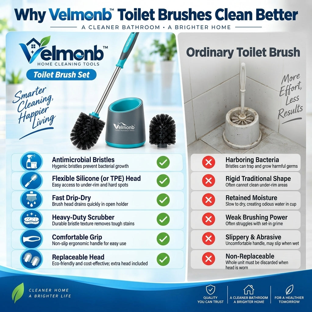 Vareliobd™ Toilet Brush & Ventilated Holder Set – 360° Deep-Clean Bristles with Splash-Guard Handle & Replaceable Brush Head