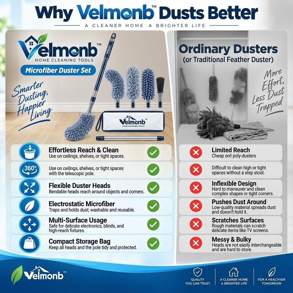 Vareliobd™ Advanced Microfiber Duster & Extendable Pole Set – Bendable High-Reach Dusting Kit with Washable Cleaning Heads