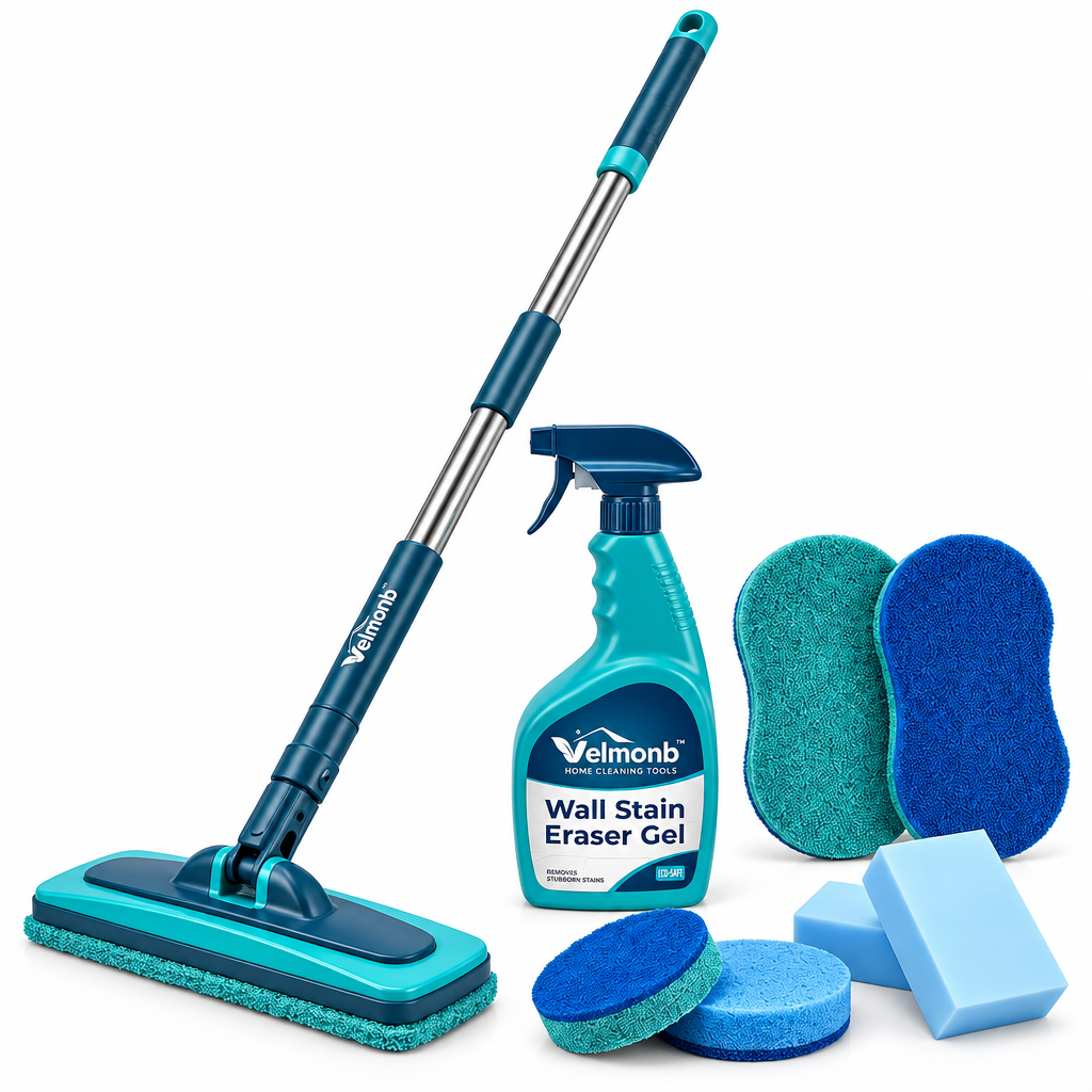 Vareliobd™ Wall Stain & Dirt Removal Set – Extendable Wall Scrubber with Stain Eraser Gel & Reusable Cleaning Pads