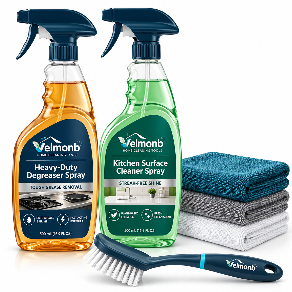 Vareliobd™ Kitchen Degreasing & Cleaning Set – Heavy-Duty Degreaser, Surface Cleaner, Microfiber Towels & Scrub Brush