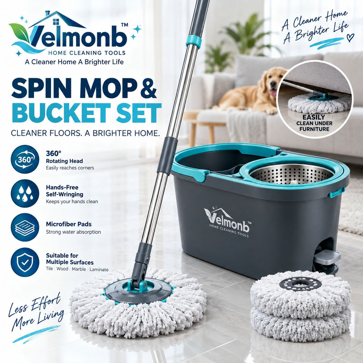 Vareliobd™ 360° Spin Mop & Bucket Set – Hands-Free Self-Wringing Floor Cleaning System with Microfiber Mop Pads