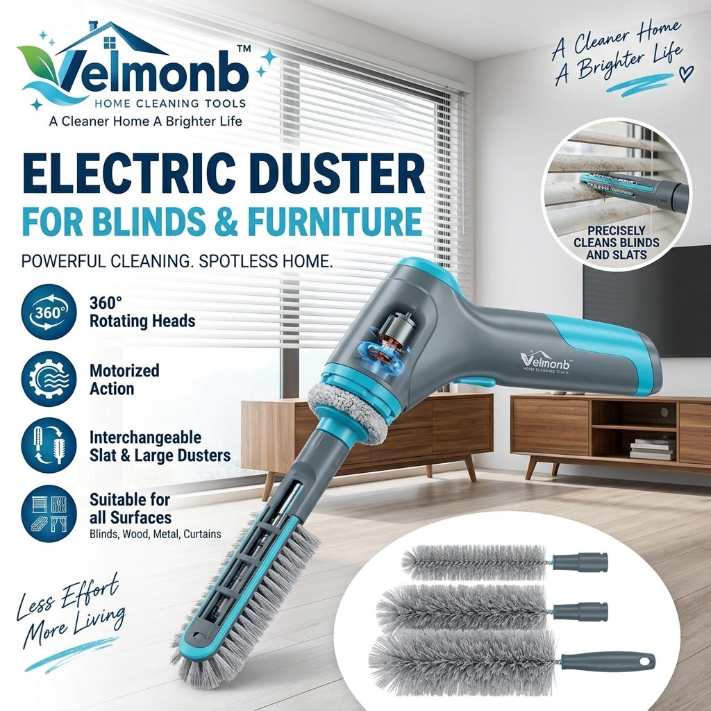 Vareliobd™ Electric Duster for Blinds & Furniture – Motorized Rotating Dust Cleaner with Interchangeable Brush Heads