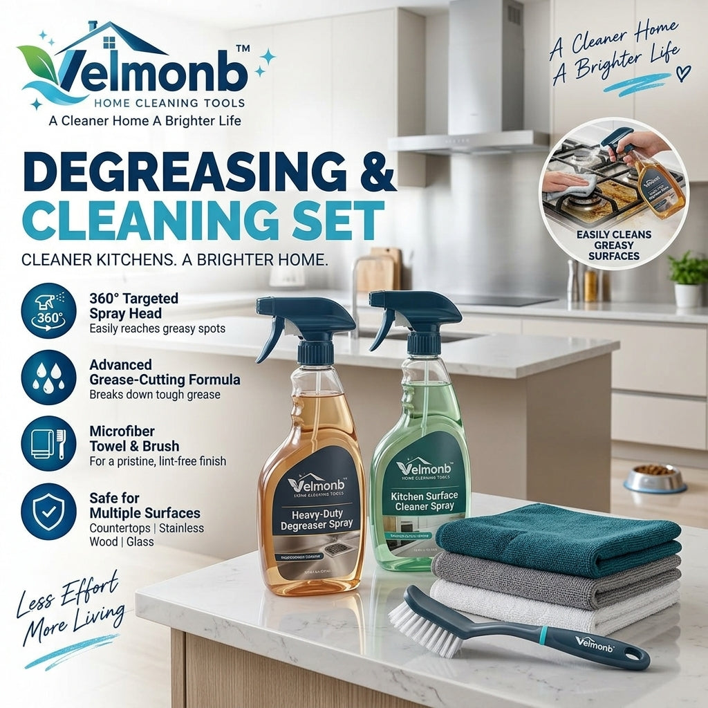 Vareliobd™ Kitchen Degreasing & Cleaning Set – Heavy-Duty Degreaser, Surface Cleaner, Microfiber Towels & Scrub Brush