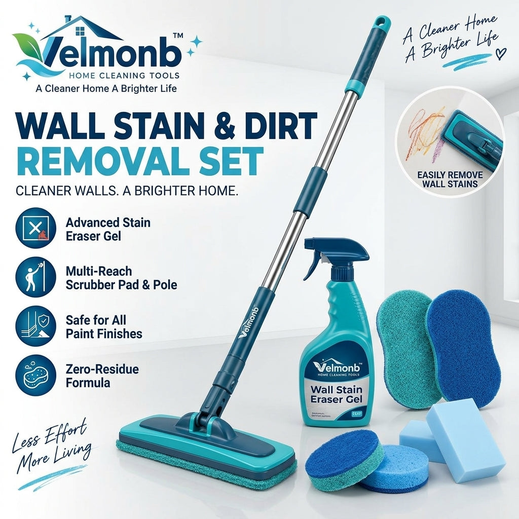 Vareliobd™ Wall Stain & Dirt Removal Set – Extendable Wall Scrubber with Stain Eraser Gel & Reusable Cleaning Pads