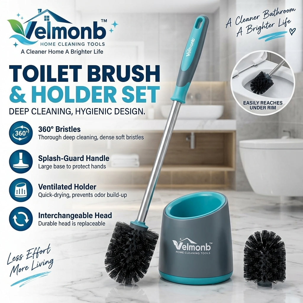 Vareliobd™ Toilet Brush & Ventilated Holder Set – 360° Deep-Clean Bristles with Splash-Guard Handle & Replaceable Brush Head