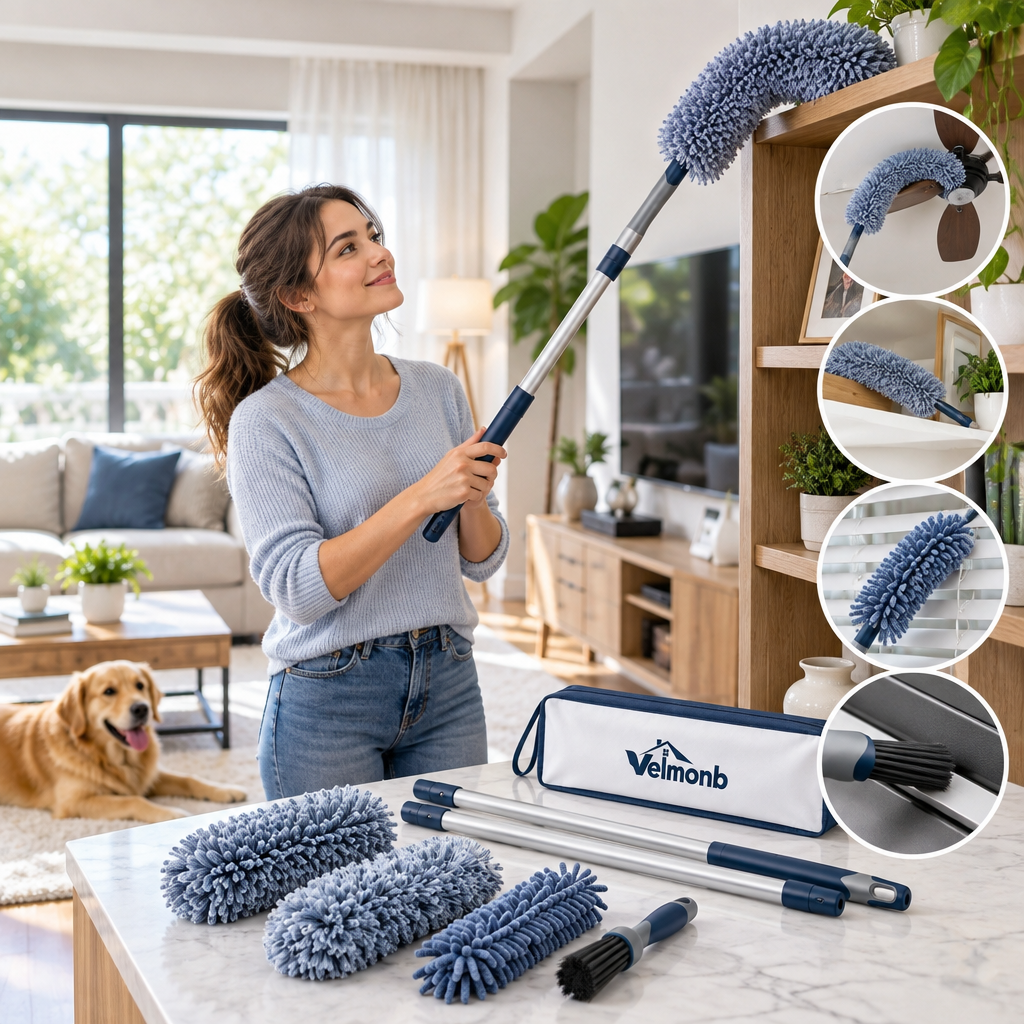 Vareliobd™ Advanced Microfiber Duster & Extendable Pole Set – Bendable High-Reach Dusting Kit with Washable Cleaning Heads