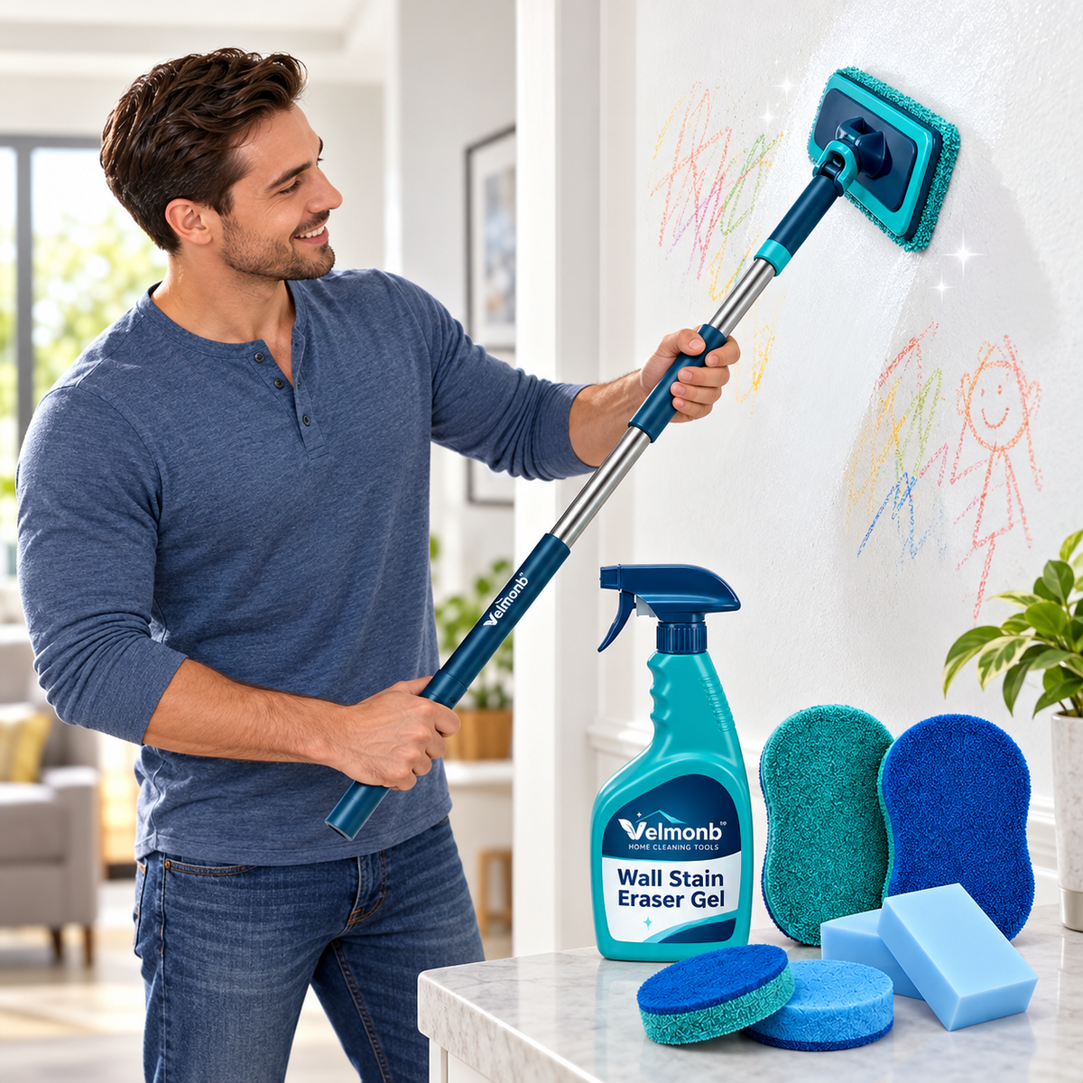 Vareliobd™ Wall Stain & Dirt Removal Set – Extendable Wall Scrubber with Stain Eraser Gel & Reusable Cleaning Pads