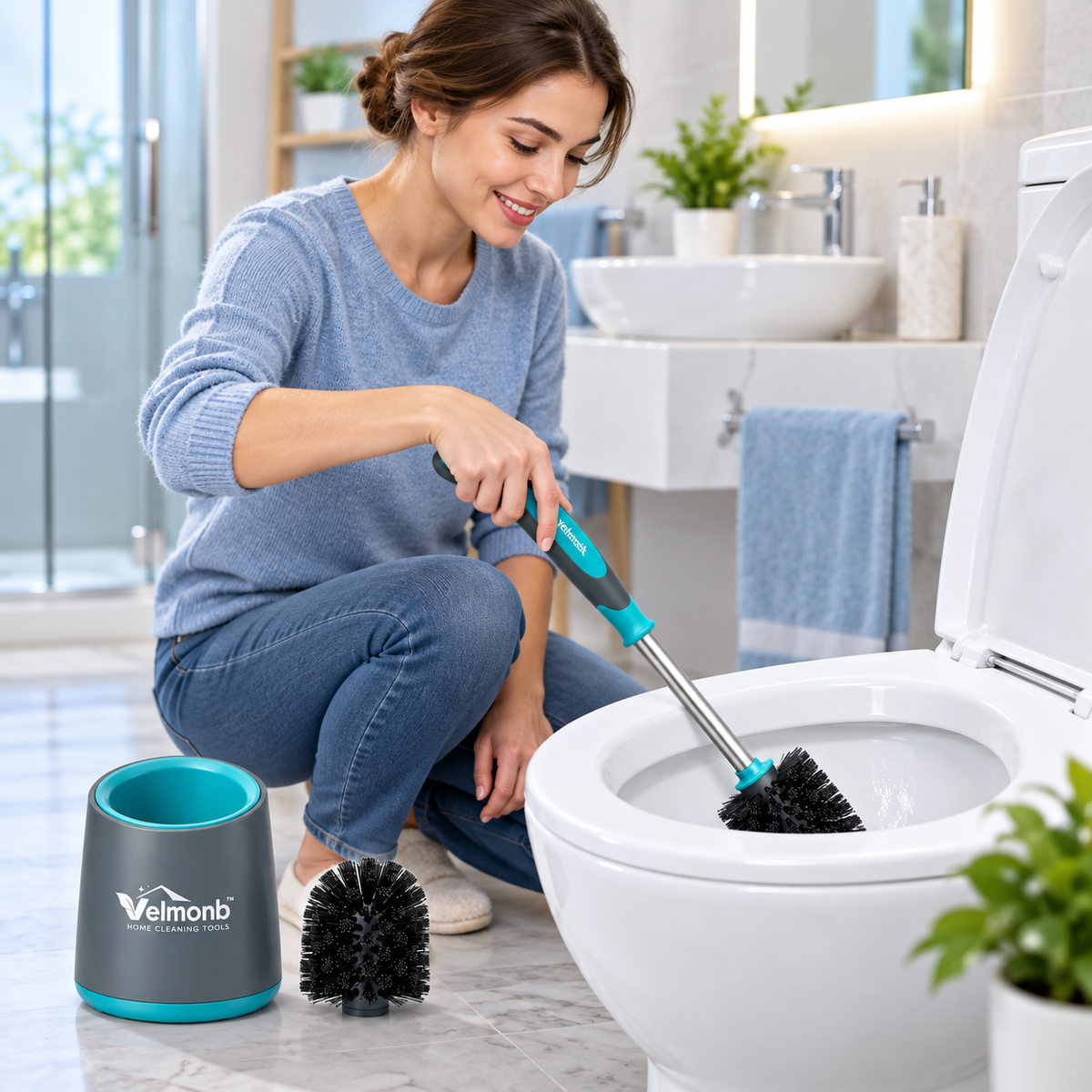 Vareliobd™ Toilet Brush & Ventilated Holder Set – 360° Deep-Clean Bristles with Splash-Guard Handle & Replaceable Brush Head
