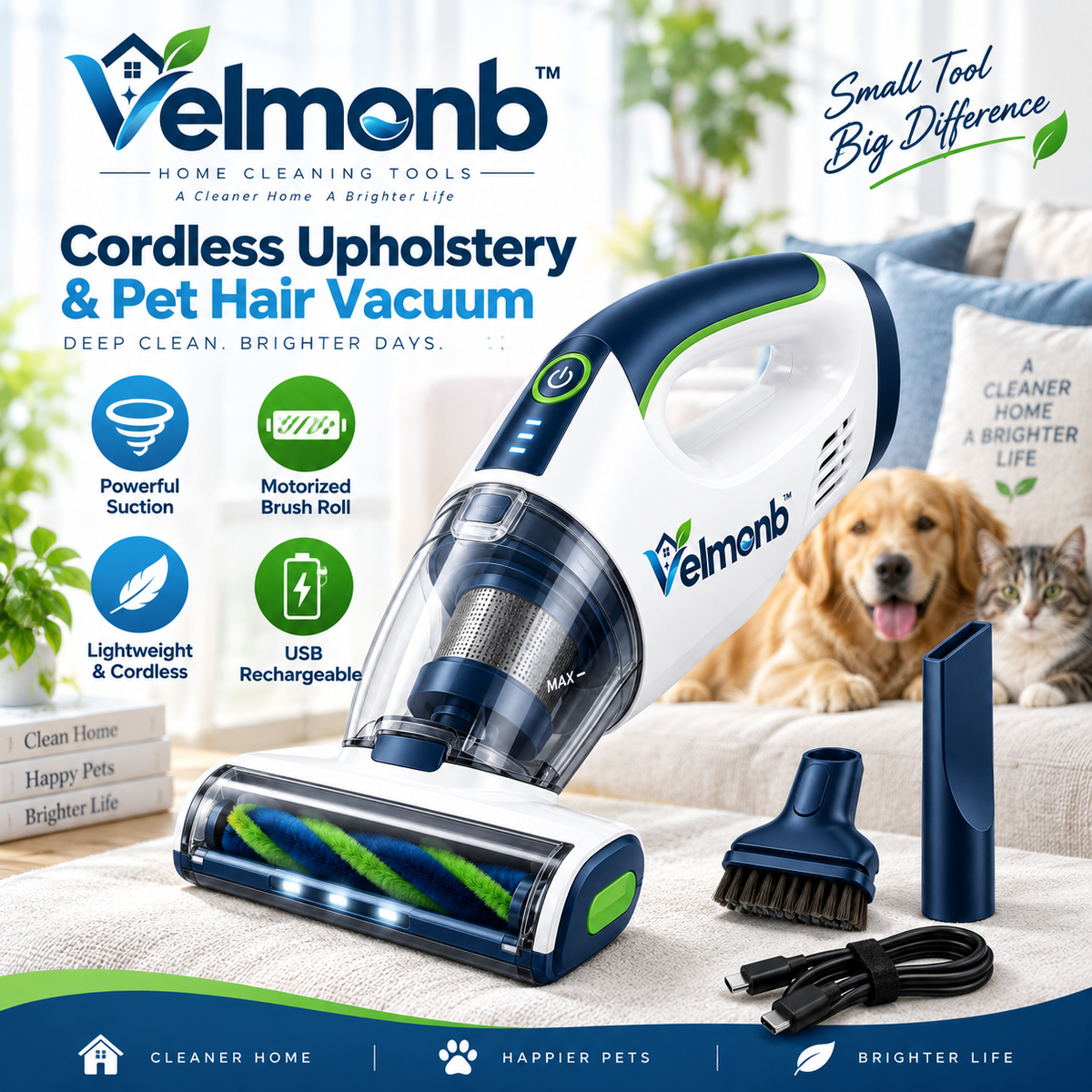 Vareliobd™ Cordless Upholstery & Pet Hair Vacuum – Handheld Cleaner with Motorized Brush Roll & Multi-Surface Attachments