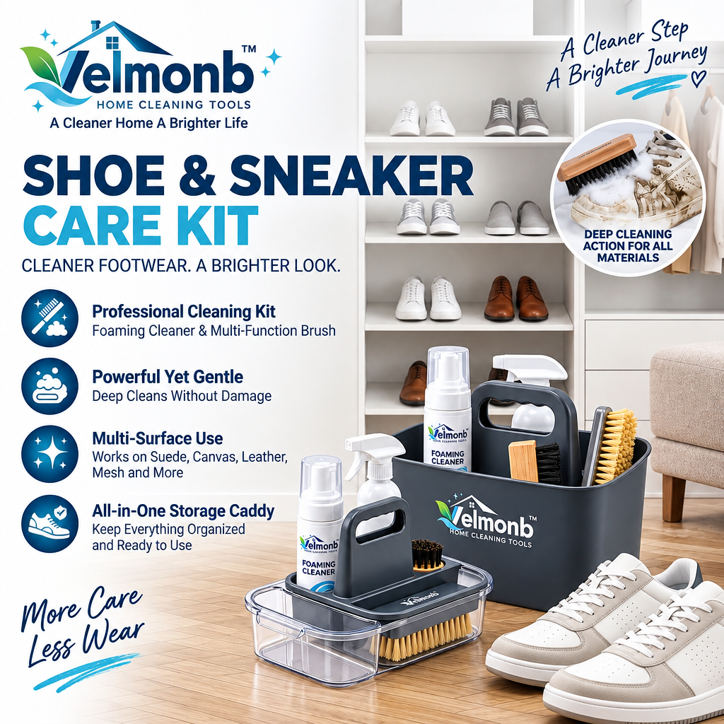 Vareliobd™ Shoe & Sneaker Care Kit – Foaming Cleaner, Multi-Function Brushes & Organized Cleaning Caddy