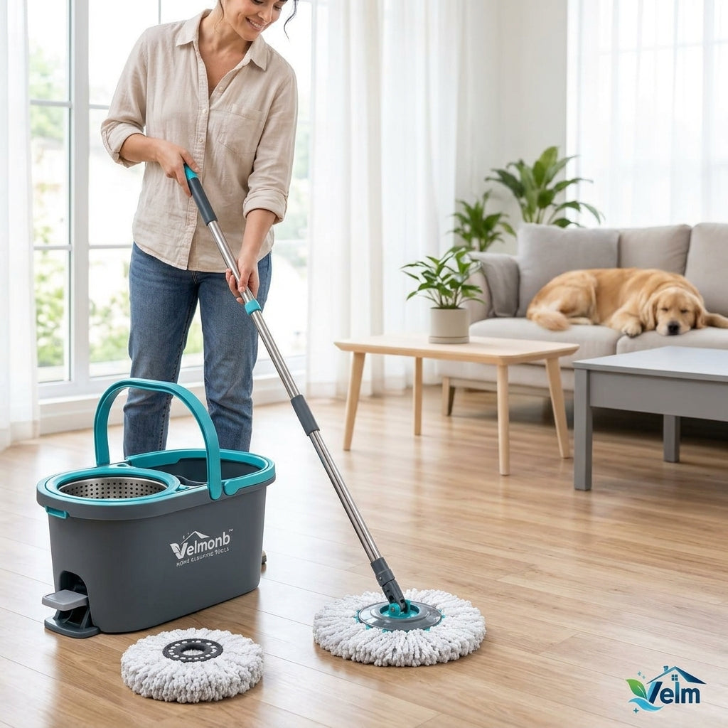 Vareliobd™ 360° Spin Mop & Bucket Set – Hands-Free Self-Wringing Floor Cleaning System with Microfiber Mop Pads