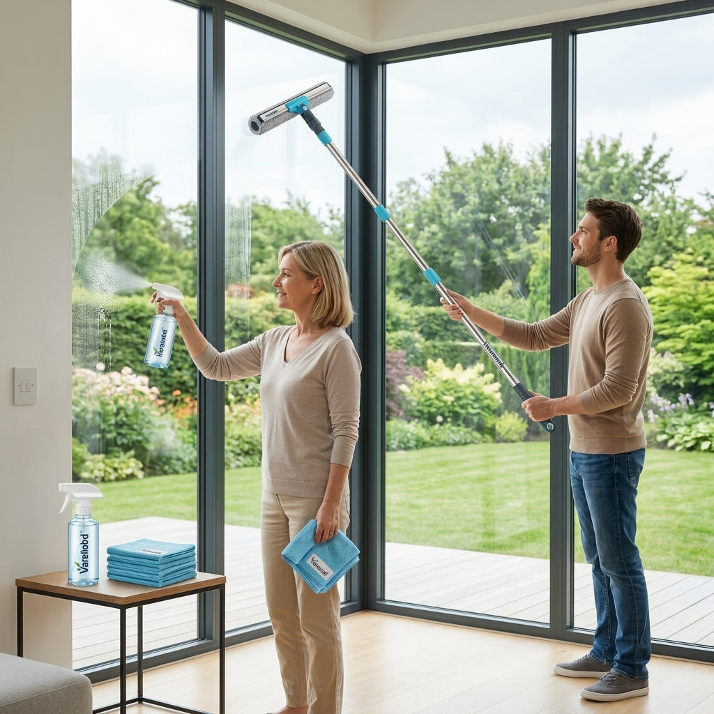 Vareliobd™Extendable Glass Cleaner & Squeegee Set – 360° Rotating Window Cleaning Tool with Microfiber Pad