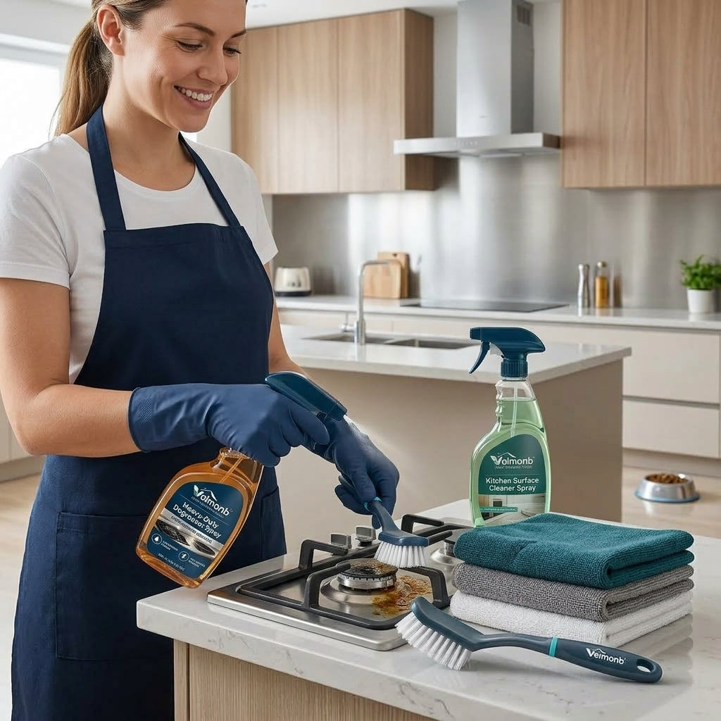 Vareliobd™ Kitchen Degreasing & Cleaning Set – Heavy-Duty Degreaser, Surface Cleaner, Microfiber Towels & Scrub Brush